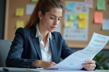 Jeune femme en blazer bleu analyse stratégie SEO au bureau