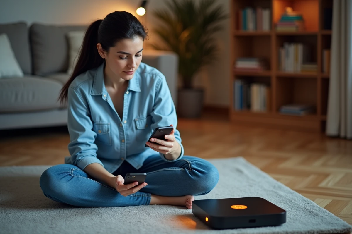 Femme consultant le support Orange sur son téléphone à côté d'un décodeur en erreur