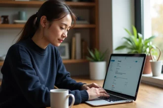 Femme préparant la suppression de son compte Microsoft sur un ordinateur portable avec Outlook ouvert