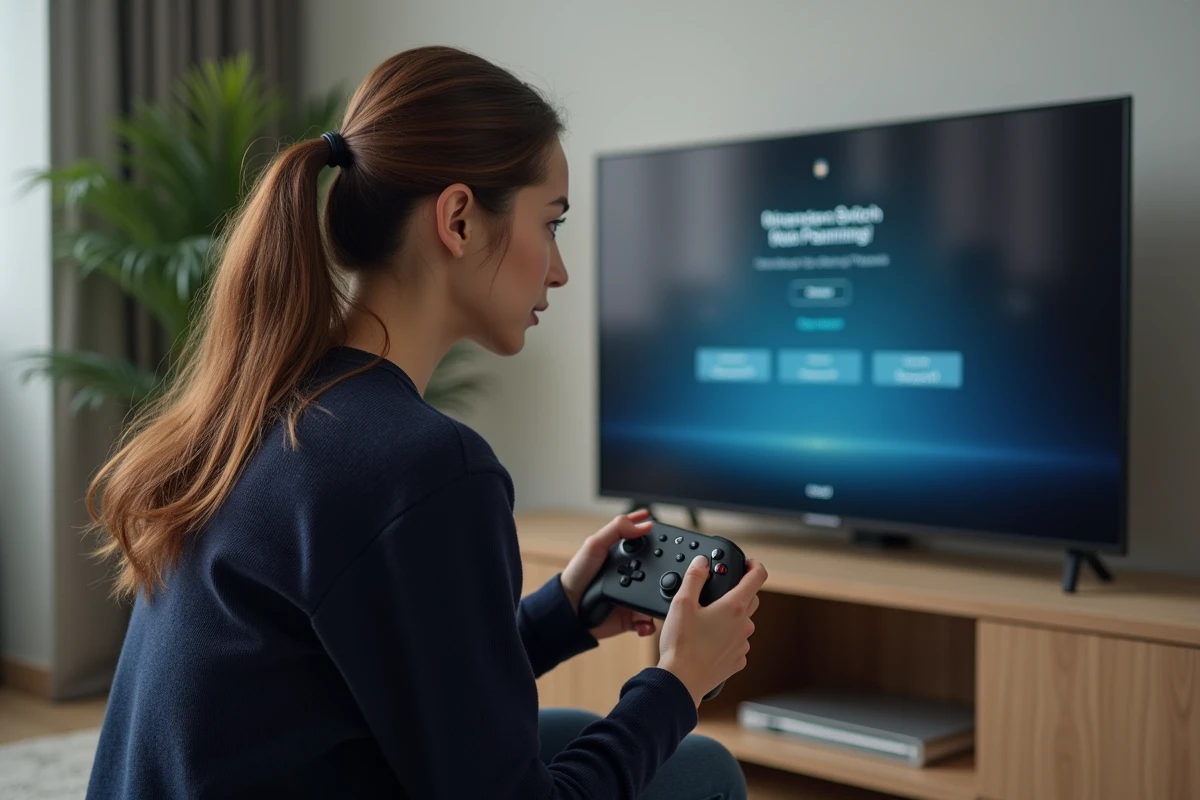 Femme associant une manette Pro Controller à une Nintendo Switch OLED devant un téléviseur
