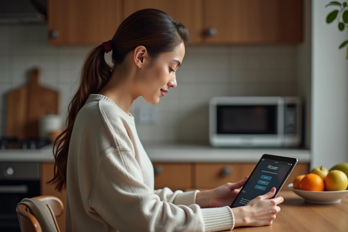 Jeune femme vérifiant les réglages d