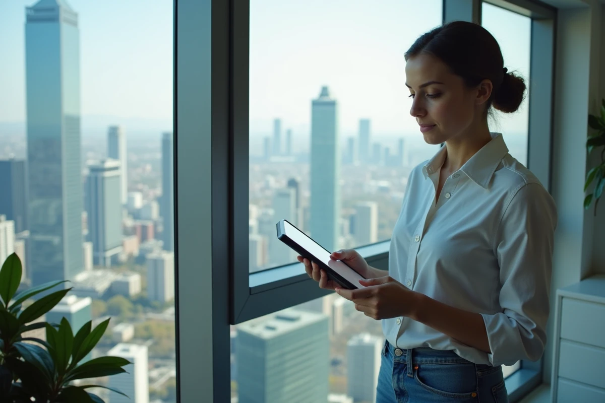 Jeune femme utilisant une tablette près d une fenêtre urbaine