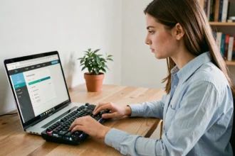 Jeune femme effectuant un test de rapidité clavier sur ordinateur portable dans un bureau à domicile moderne
