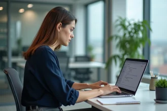 Femme au bureau recherchant dans sa messagerie web