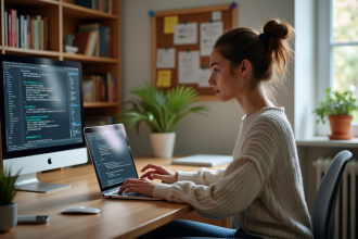 Jeune femme travaillant sur un ordinateur dans un bureau cosy