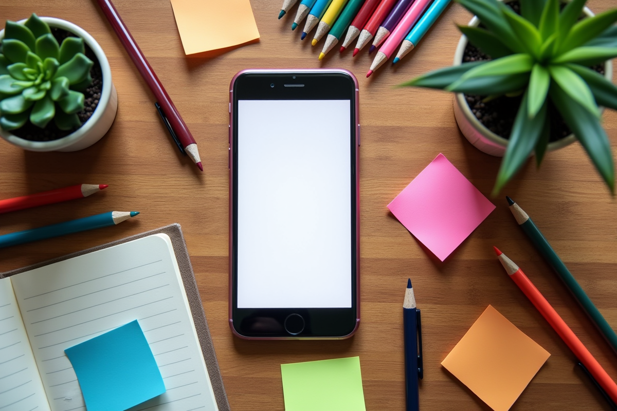 Disposition créative avec smartphone et accessoires colorés