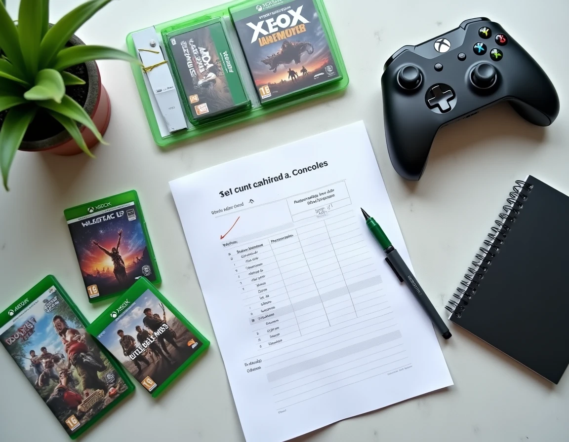 Vue aérienne d'une manette Xbox, jeux vidéo et tableau comparatif de prix de consoles sur fond béton gris