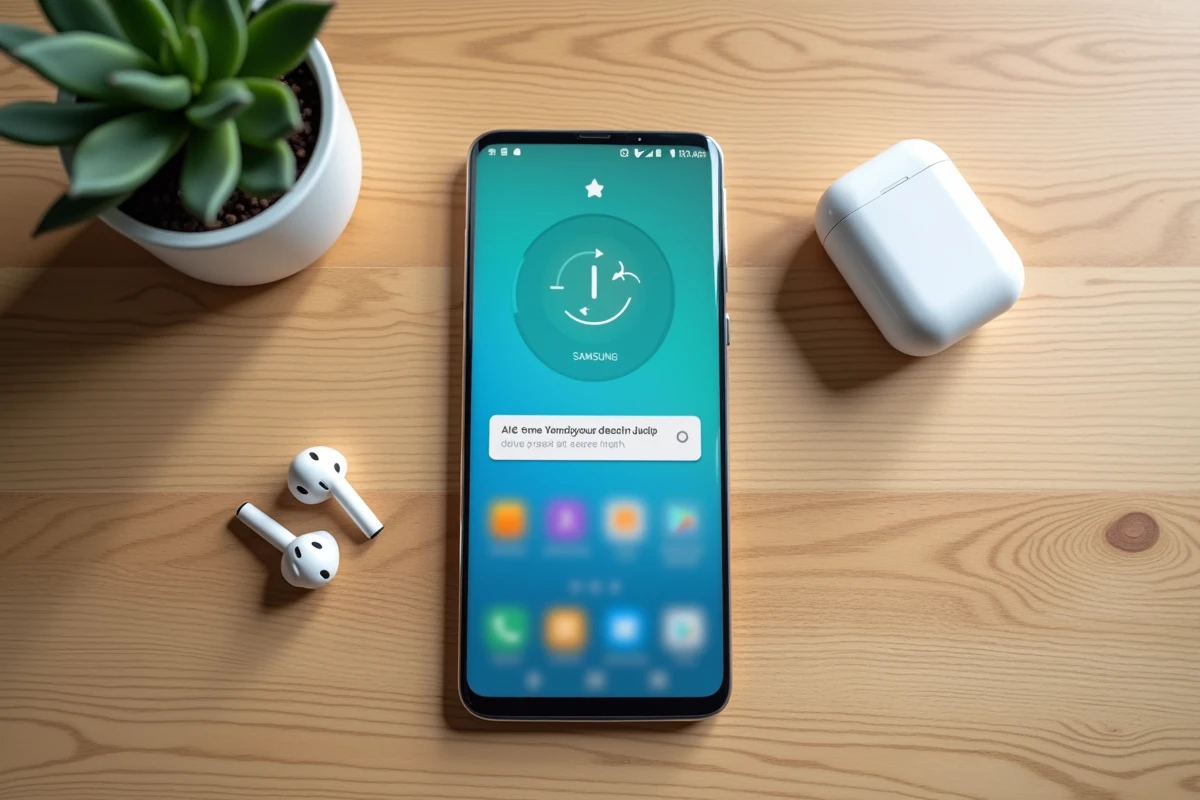 Vue de dessus d'un Samsung Galaxy affichant l'interface de la corbeille Android sur une table en bois