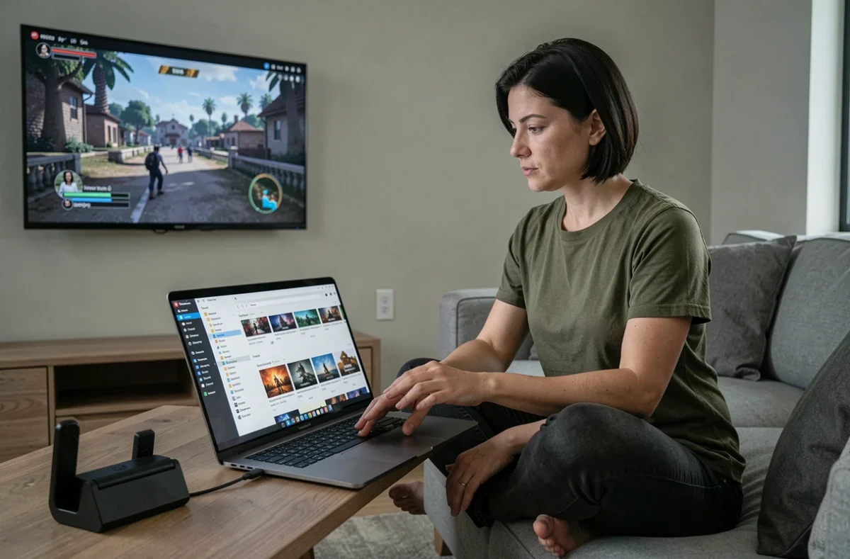Femme consultant des formats de fichiers de jeux Nintendo Switch NSP et XCI sur ordinateur portable dans un salon moderne