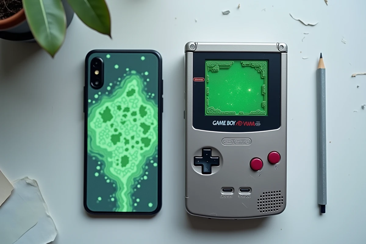 Vue aérienne d'un Game Boy Advance et d'un smartphone affichant une carte de jeu RPG pixel art sur bureau gris minimaliste