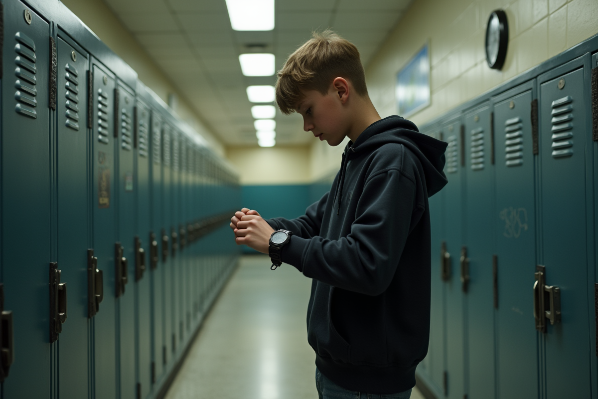 Adolescent regardant sa montre dans le couloir scolaire