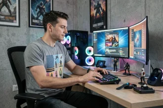 Geek francophone dans un bureau moderne entouré de gadgets technologiques et figurines en 2026