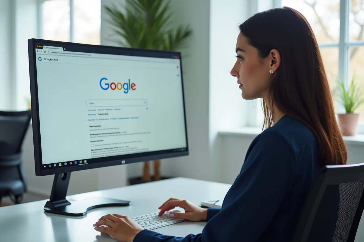 Femme cherchant l'outil Google Lens dans les paramètres d'extension de son navigateur sur un grand écran de bureau