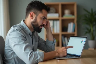 Homme utilisant Google Lens sur un navigateur Chrome depuis un ordinateur portable, expression concentrée devant l'écran