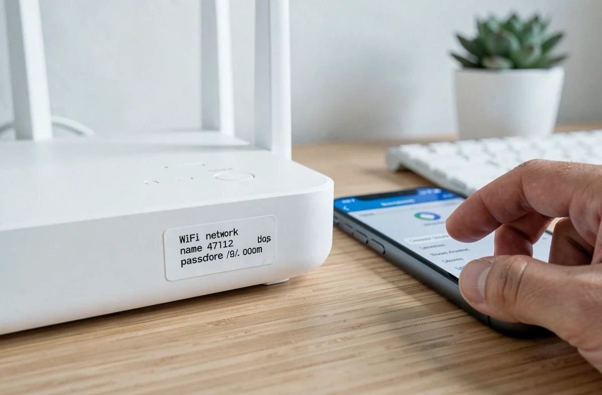 Gros plan sur l'étiquette d'une Freebox avec le mot de passe WiFi et un smartphone affichant les paramètres réseau