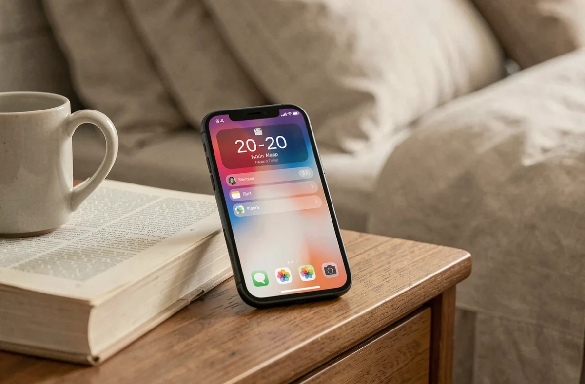 Gros plan d'un iPhone sur table de nuit avec alarme sieste réglée dans l'application horloge iOS