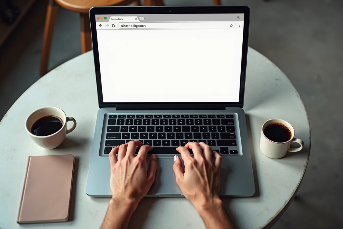Gros plan de mains tapant about:blank dans la barre d'adresse d'un navigateur sur un laptop