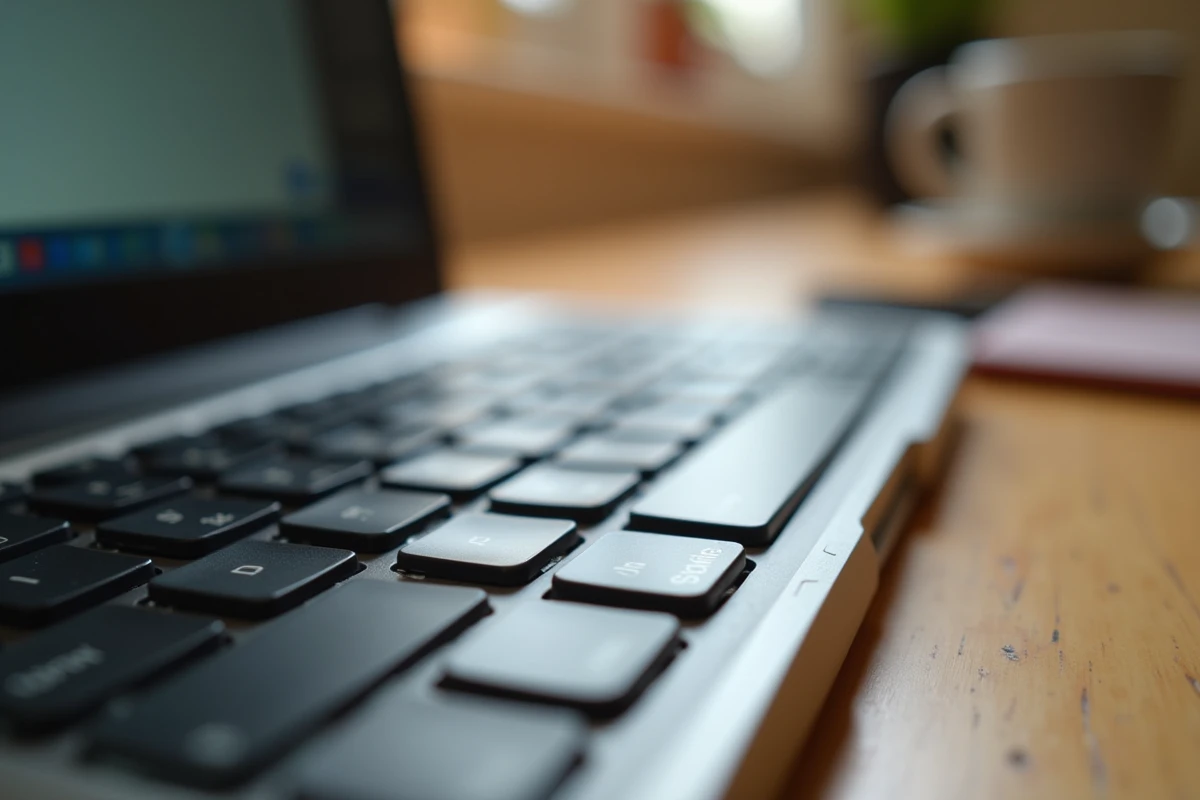 Gros plan macro sur la touche Shift d'un clavier QWERTY posé sur un bureau en bois