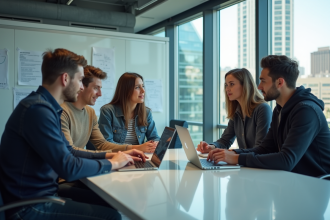 Groupe de jeunes professionnels tech en réunion dans un bureau moderne