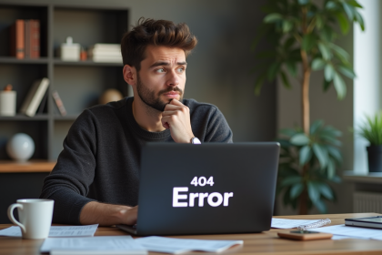 Jeune homme au bureau face à un message d'erreur 404