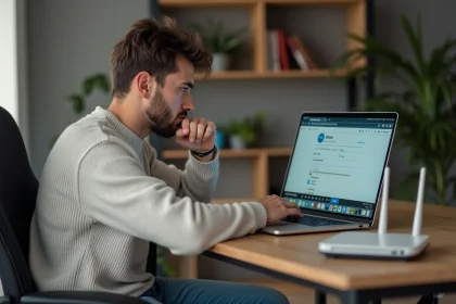 Jeune homme au bureau vérifiant la connexion internet