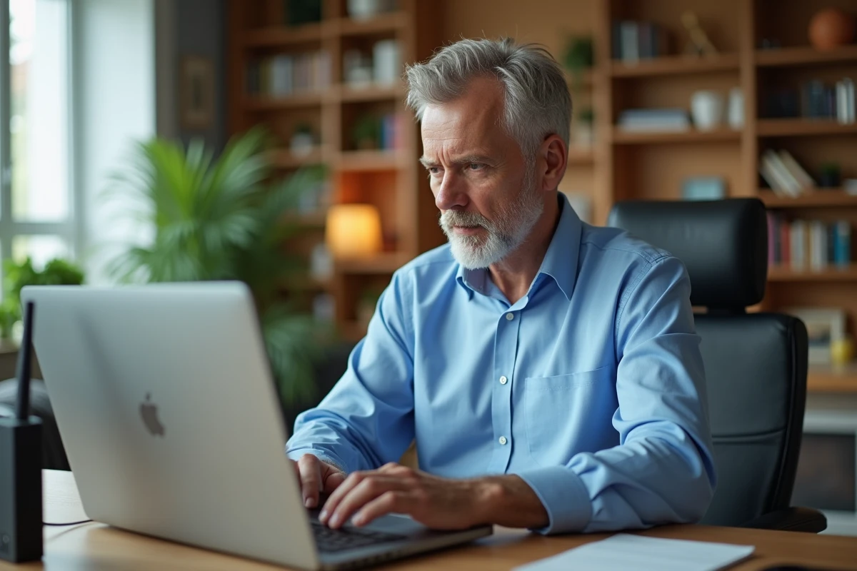 Homme d'âge moyen travaillant sur son ordinateur dans un bureau moderne