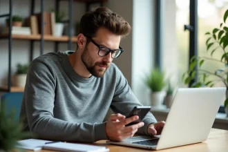 Homme en bureau moderne utilisant ordinateur et smartphone