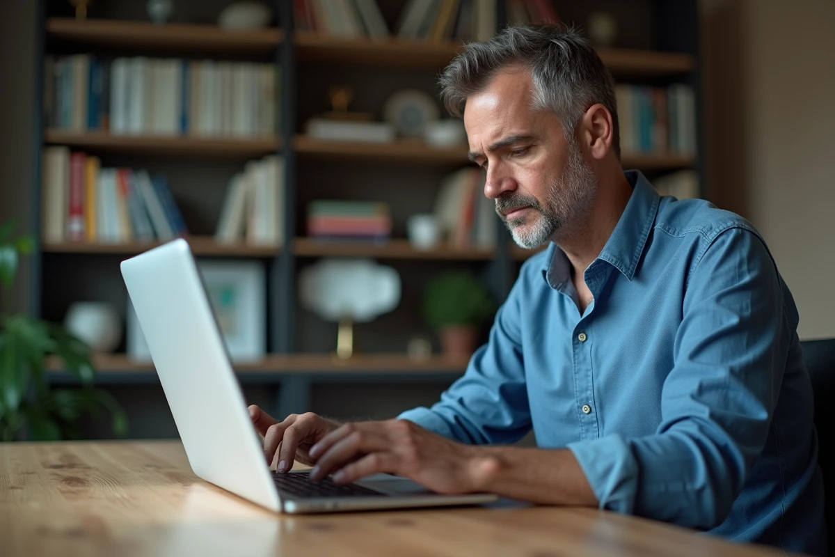 Homme d'âge moyen au bureau avec alerte spam sur son ordinateur