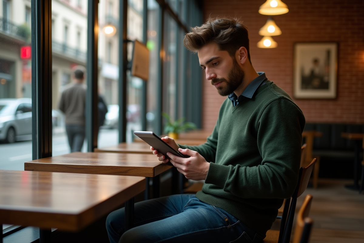 Homme au café vérifiant ses flux RSS sur une tablette