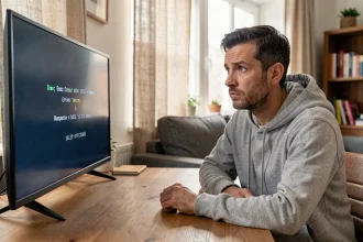 Homme perplexe devant un téléviseur affichant un code erreur F3411 Bouygues dans un salon moderne