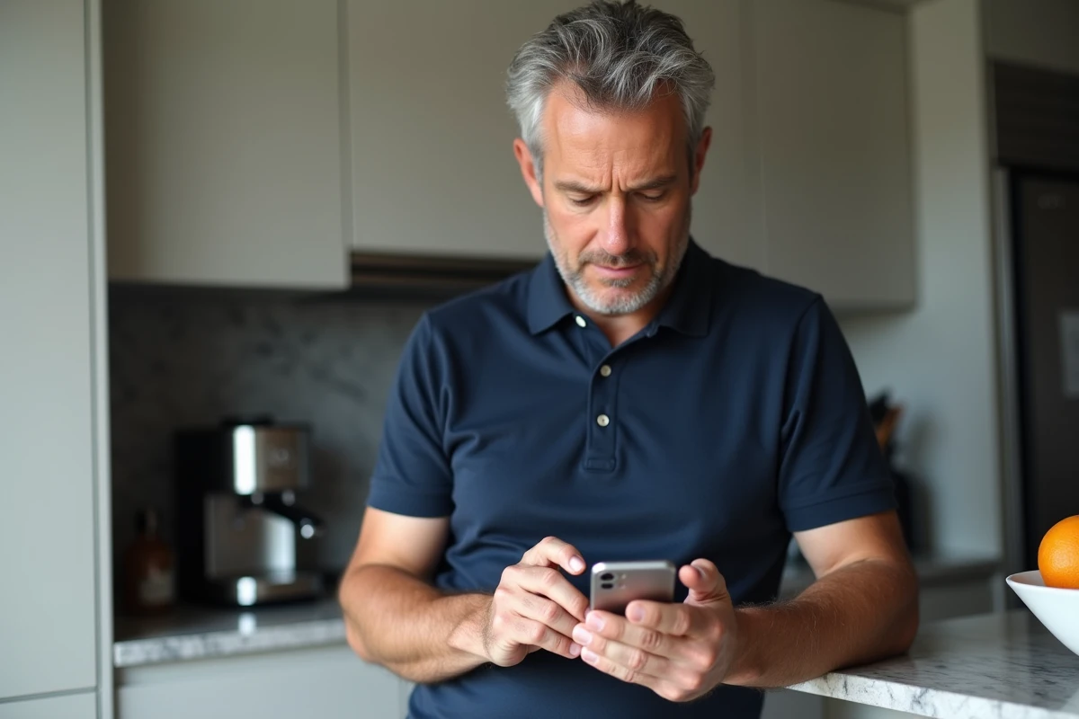 Homme configurant Google USA sur mobile Android dans une cuisine moderne en France