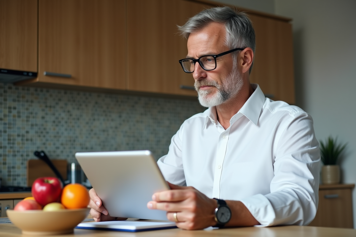 Homme lisant instructions avec tablette dans la cuisine