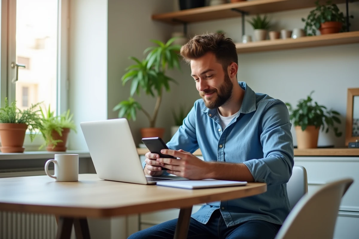 Homme détendu à la maison utilisant son smartphone pour gérer ses emails