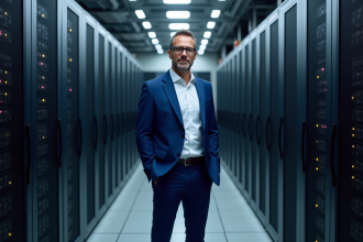 Homme d'affaires dans un centre de données moderne