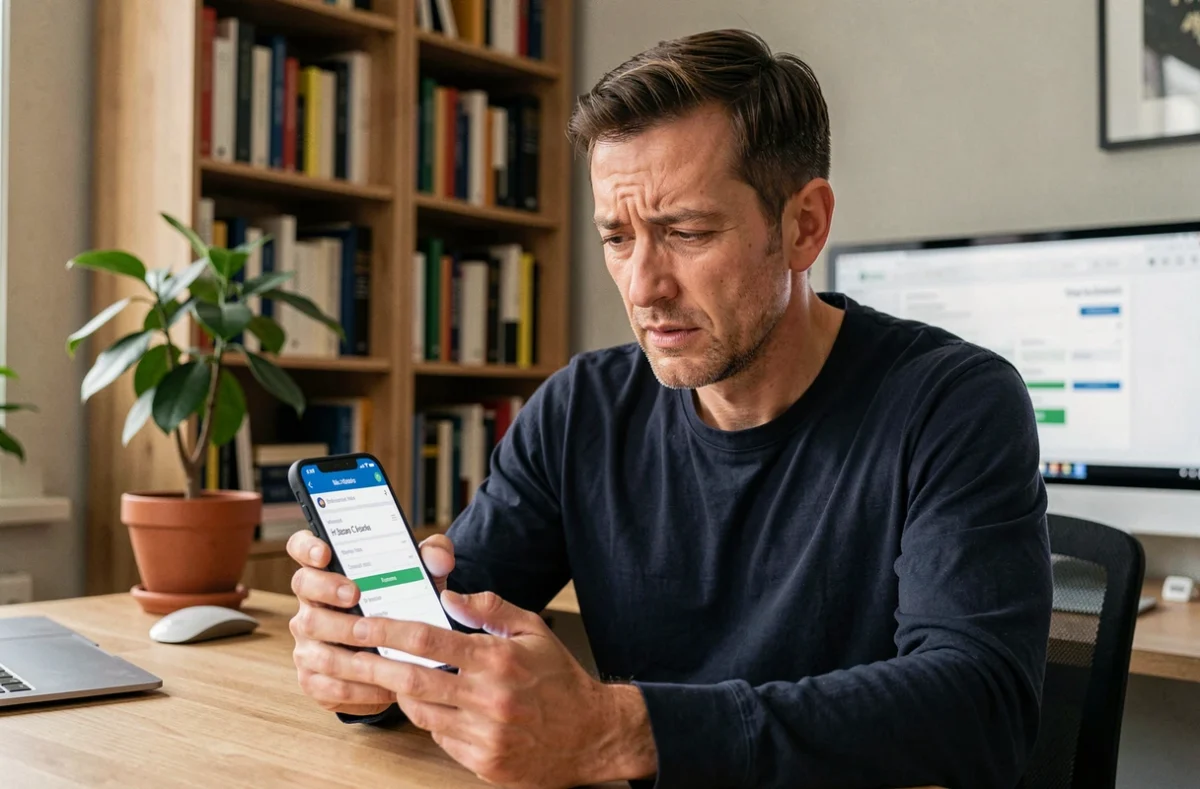Homme à domicile hésitant à accepter un service de bulletins de salaire dématérialisés sur son téléphone