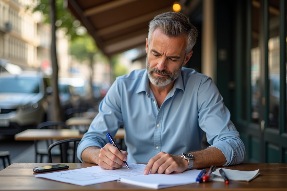 Homme écrivant au café avec différents stylos