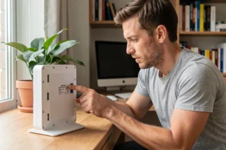Homme consultant l'étiquette au dos d'une Freebox pour trouver le mot de passe WiFi