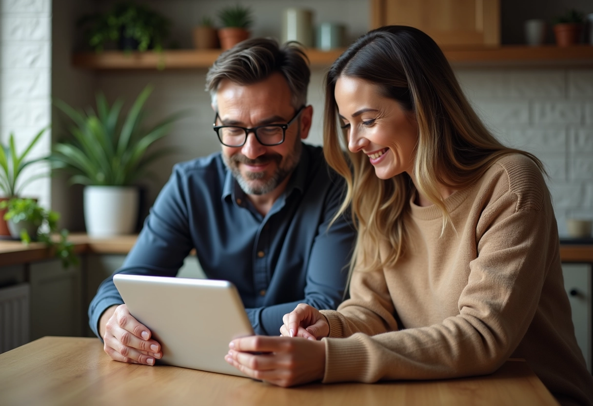 Homme et femme discutant avec une tablette à la maison