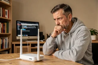 Homme frustré devant sa Bbox affichant une erreur S1 clignotante dans un bureau à domicile