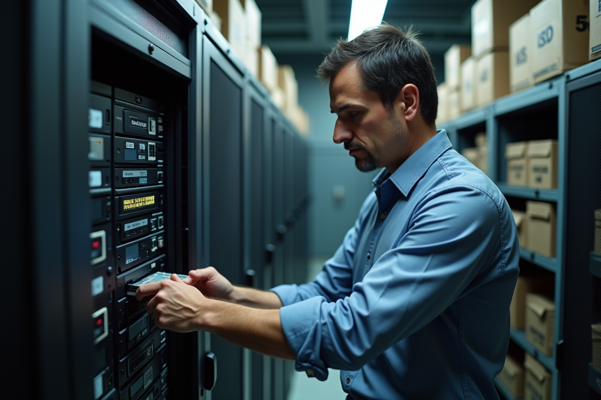 Homme insérant un SSD dans un rack de stockage sécurisé