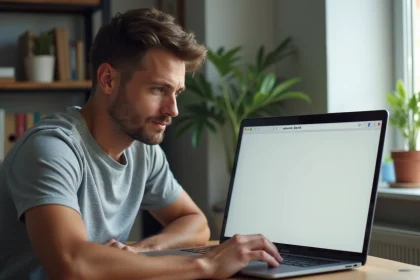 Homme devant un navigateur affichant la page about:blank sur un ordinateur portable