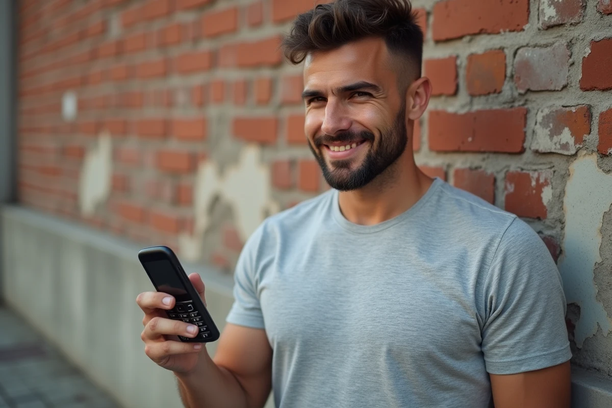 Homme tenant un Nokia 3310 avec confiance devant un mur de briques urbain illustrant la fiabilité du téléphone