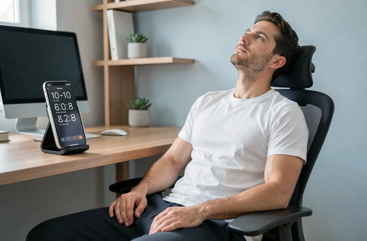 Homme en pause sieste dans son bureau avec une alarme de rappel sur iPhone