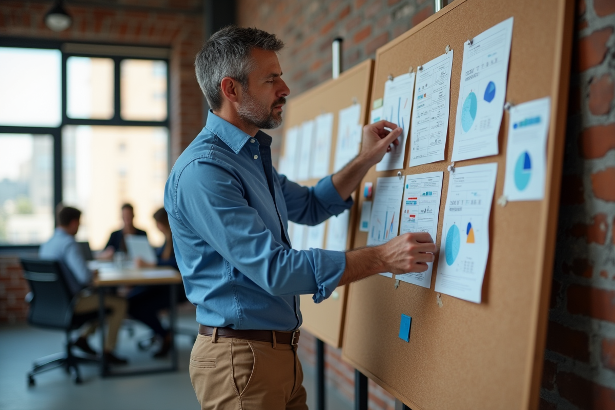 Homme affichant des tableaux dans un espace de coworking