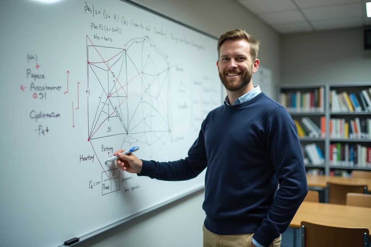 Homme enseignant expliquant des diagrammes sur un tableau blanc en classe
