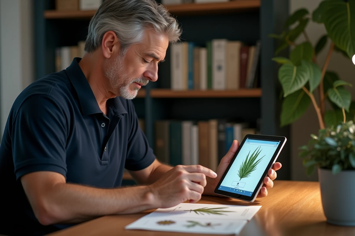 Homme utilisant une application de reconnaissance visuelle type Google Lens sur une tablette pour identifier une illustration botanique