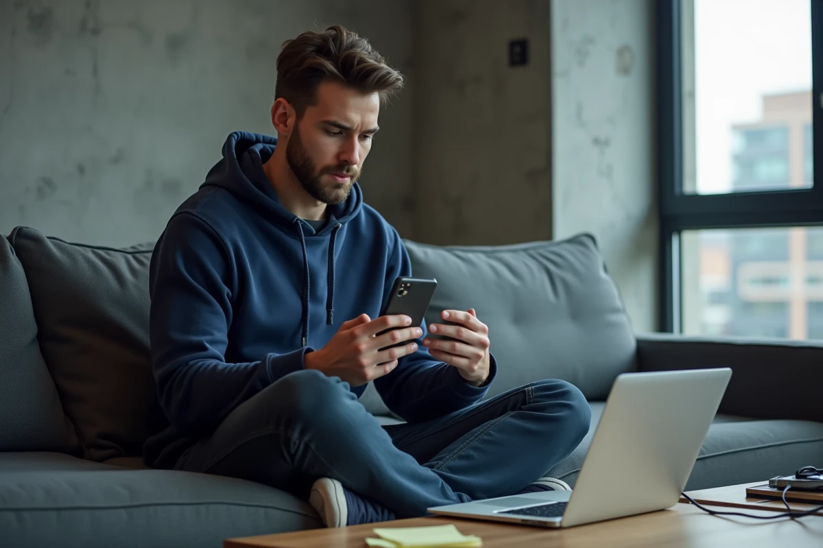 Homme récupérant des photos supprimées sur iPhone avec un MacBook dans un appartement moderne