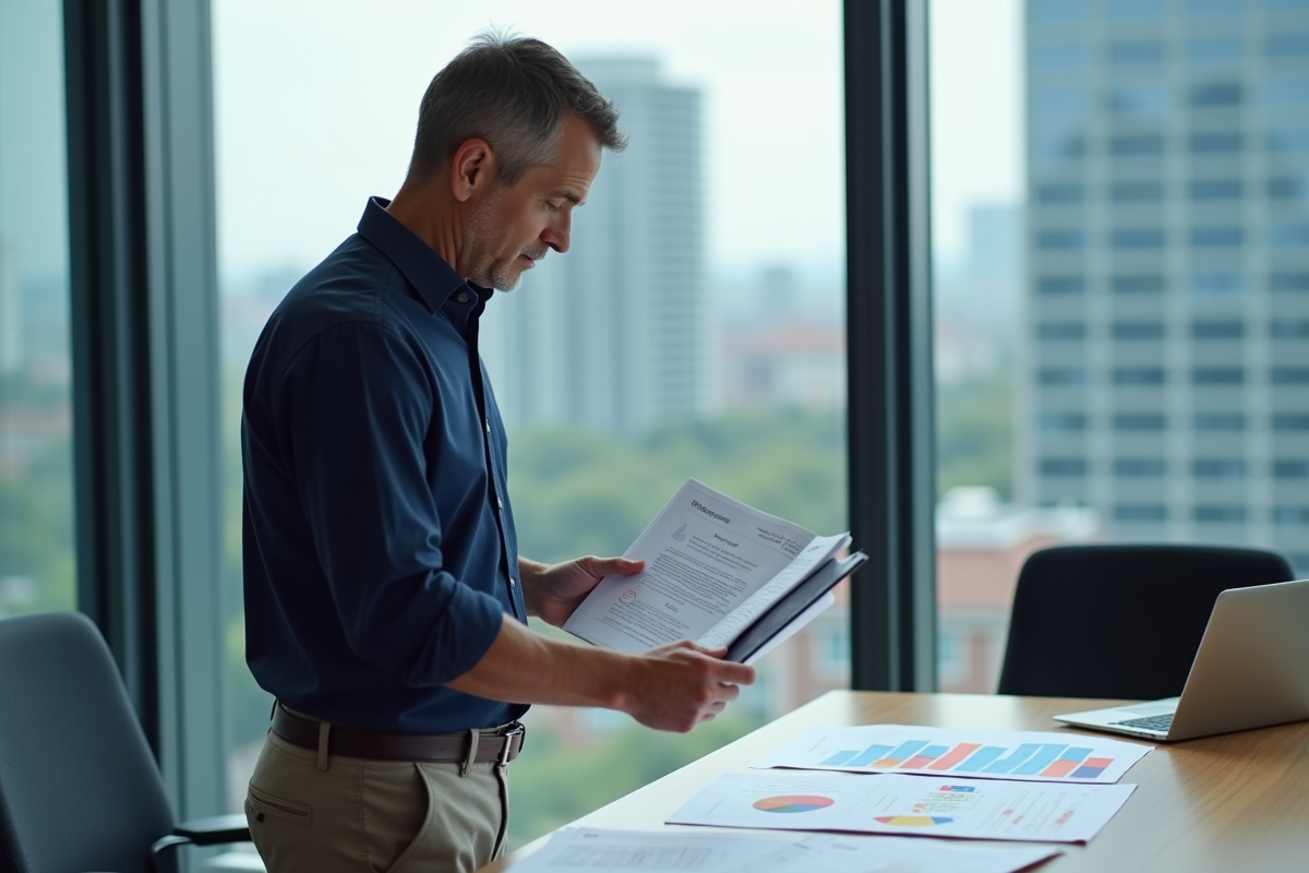 Homme examinant des rapports de campagne email en réunion