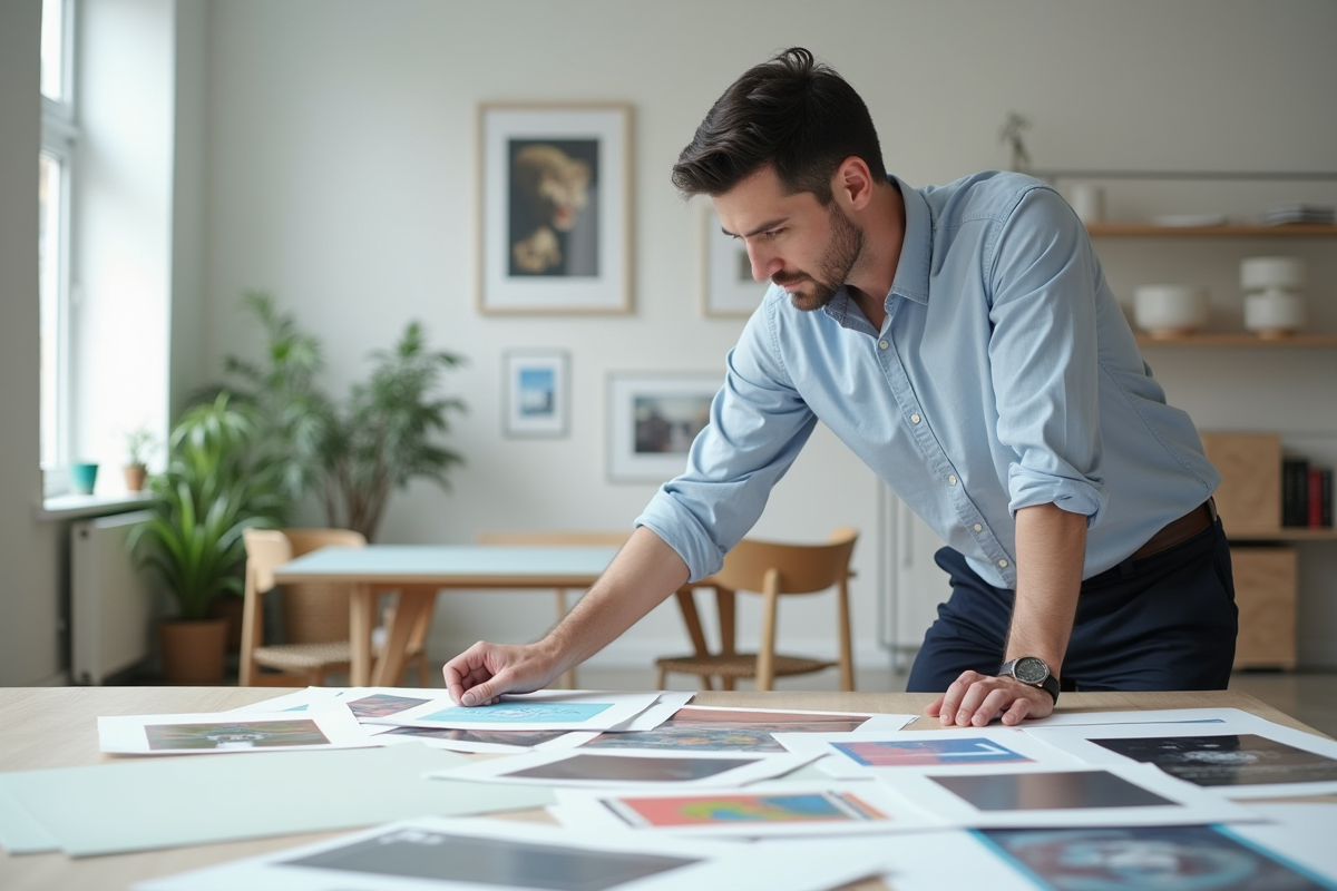 Homme étudiant des posters dans un studio de design lumineux