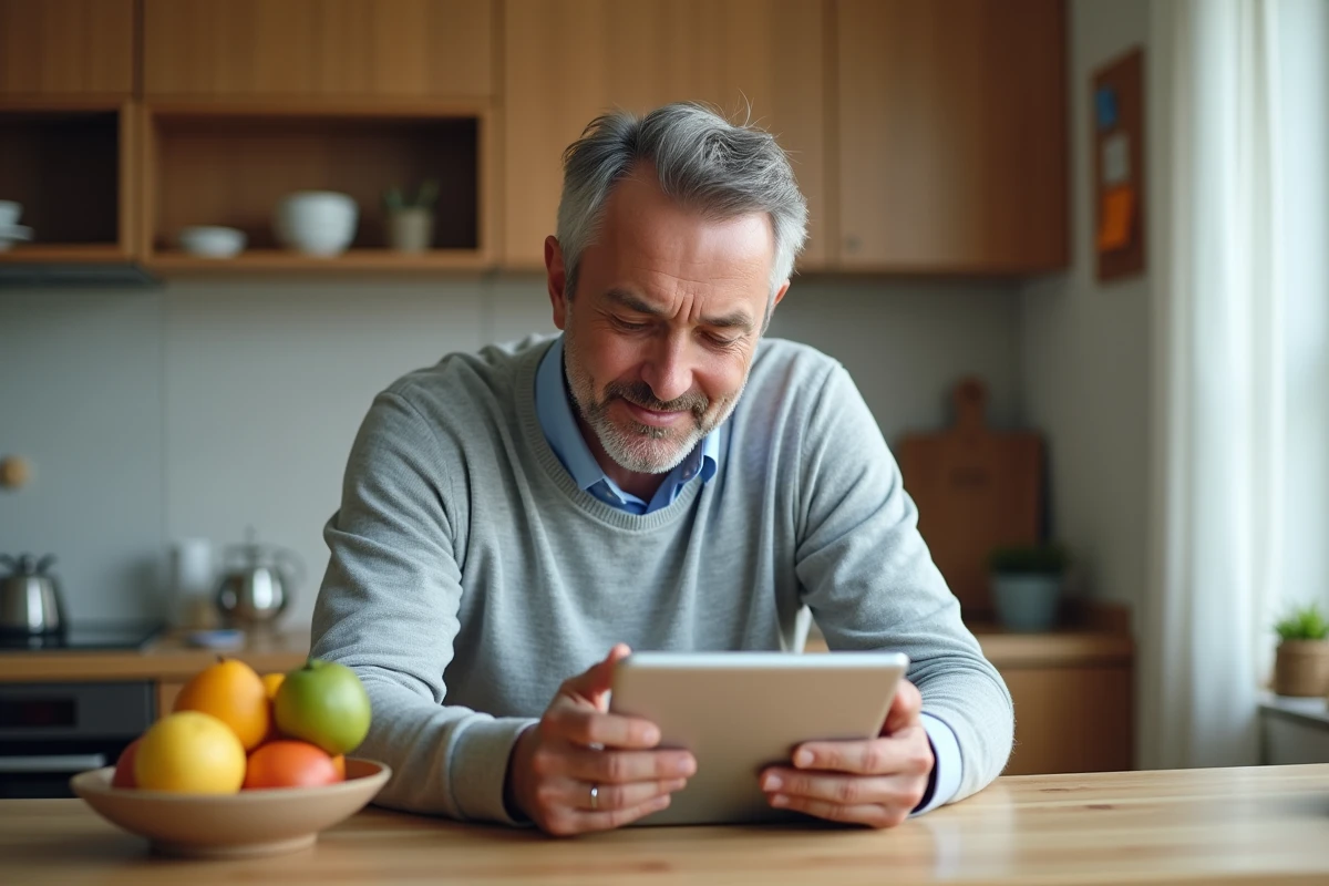 Homme à la maison vérifiant ses emails sur sa tablette